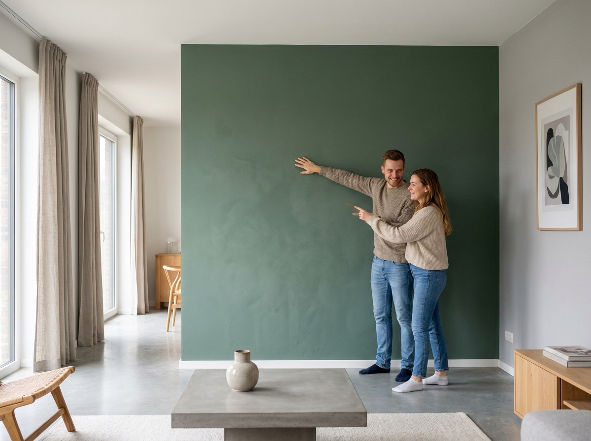 Couple observant leur mur peint en vert sauge transformant l'ambiance d'un salon contemporain