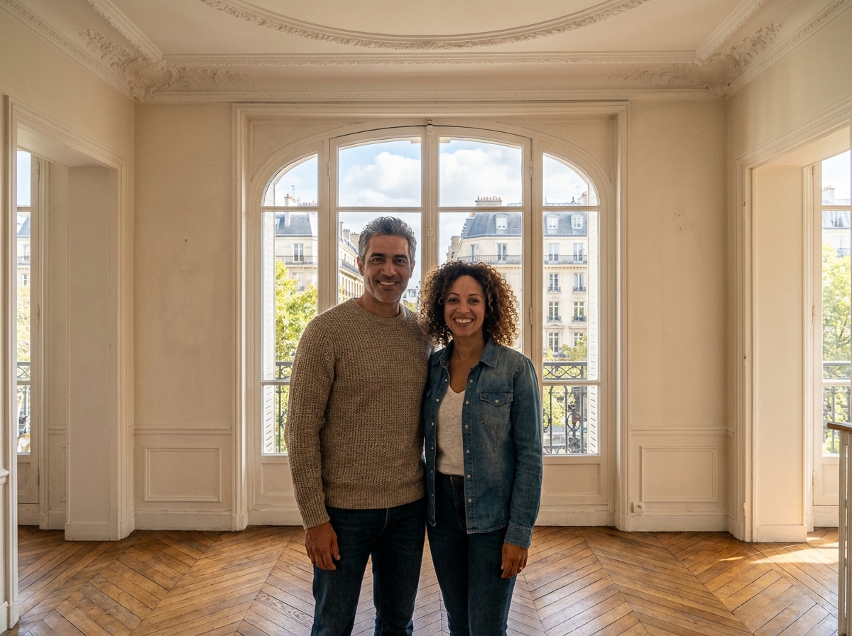 Couple satisfait découvrant leur nouvel appartement spacieux et lumineux à Neuilly-sur-Seine
