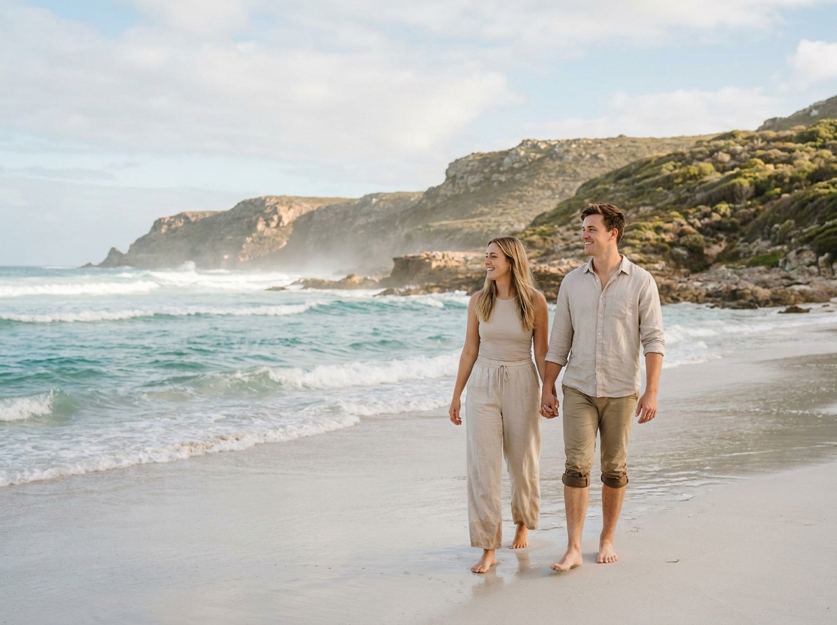 Couple marchant sur une plage déserte sud-africaine avec falaises côtières et végétation fynbos authentique
