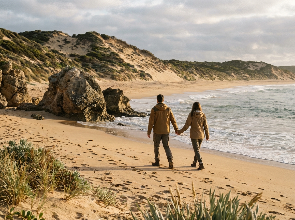 Jeune couple marchant sur la plage de sable doré