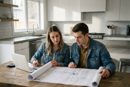 Couple jeune planifiant la construction d'une maison moderne à budget limité en consultant des plans architecturaux et des calculs budgétaires à la table de cuisine