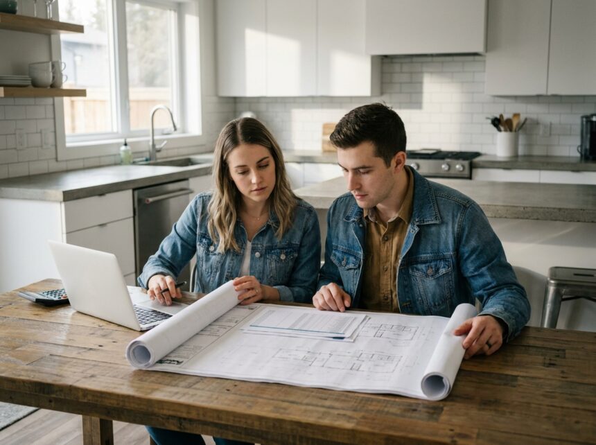 Couple jeune planifiant la construction d'une maison moderne à budget limité en consultant des plans architecturaux et des calculs budgétaires à la table de cuisine