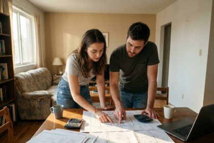 Jeune couple examinant les plans et budget de construction maison moderne Saint-Grégoire à table
