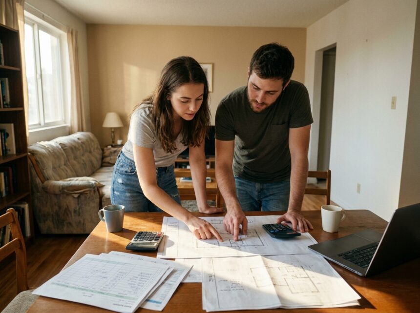 Jeune couple examinant les plans et budget de construction maison moderne Saint-Grégoire à table