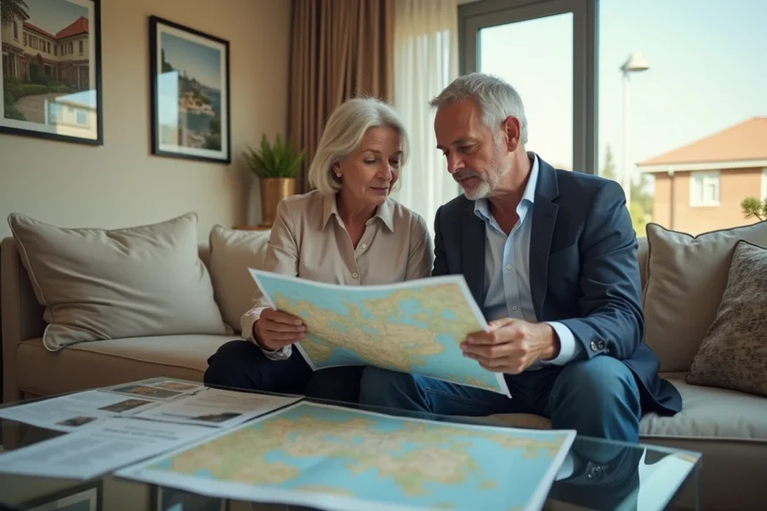Couple planifiant un voyage à Dubaï avec une carte détaillée et documents de réservation dans leur salon