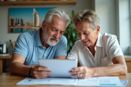 Couple préparant son voyage à Dubaï en lisant les documents et informations importantes sur une tablette