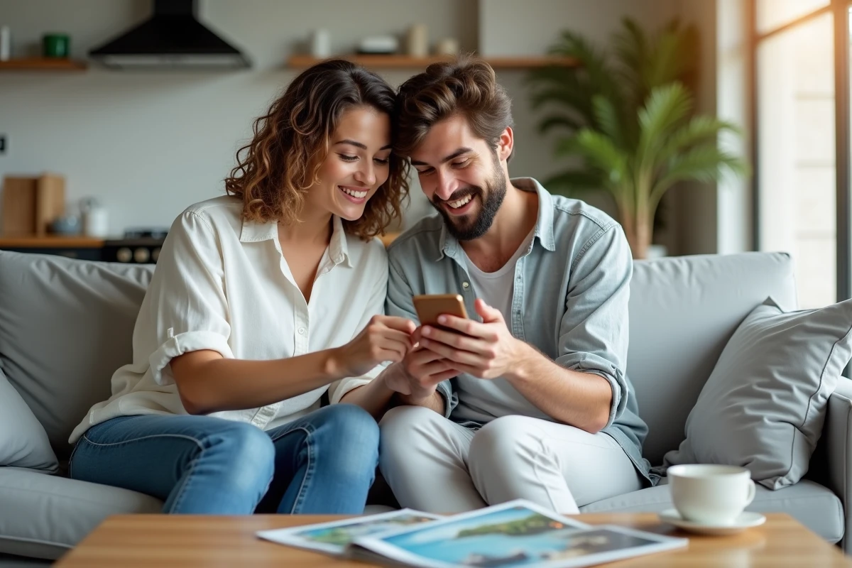 Couple planifiant un voyage en ligne sur smartphone dans un appartement moderne