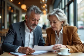couple consultant un guide de voyage à Dubaï dans un café moderne avec ordinateur portable et documents