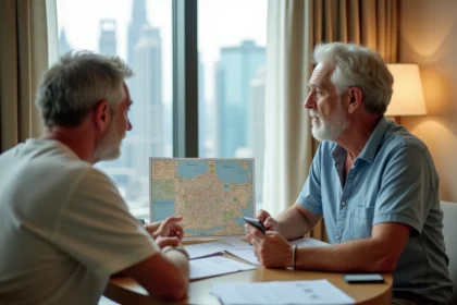 Couple consulte une carte de Dubai dans une chambre d'hôtel pour planifier son voyage aux Émirats