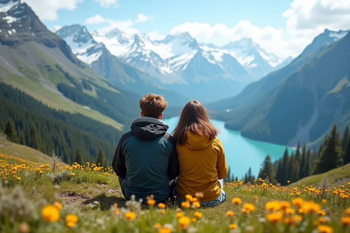 Couple assis dans une prairie alpine face à des pics enneigés et un lac de montagne dans une vallée vierge