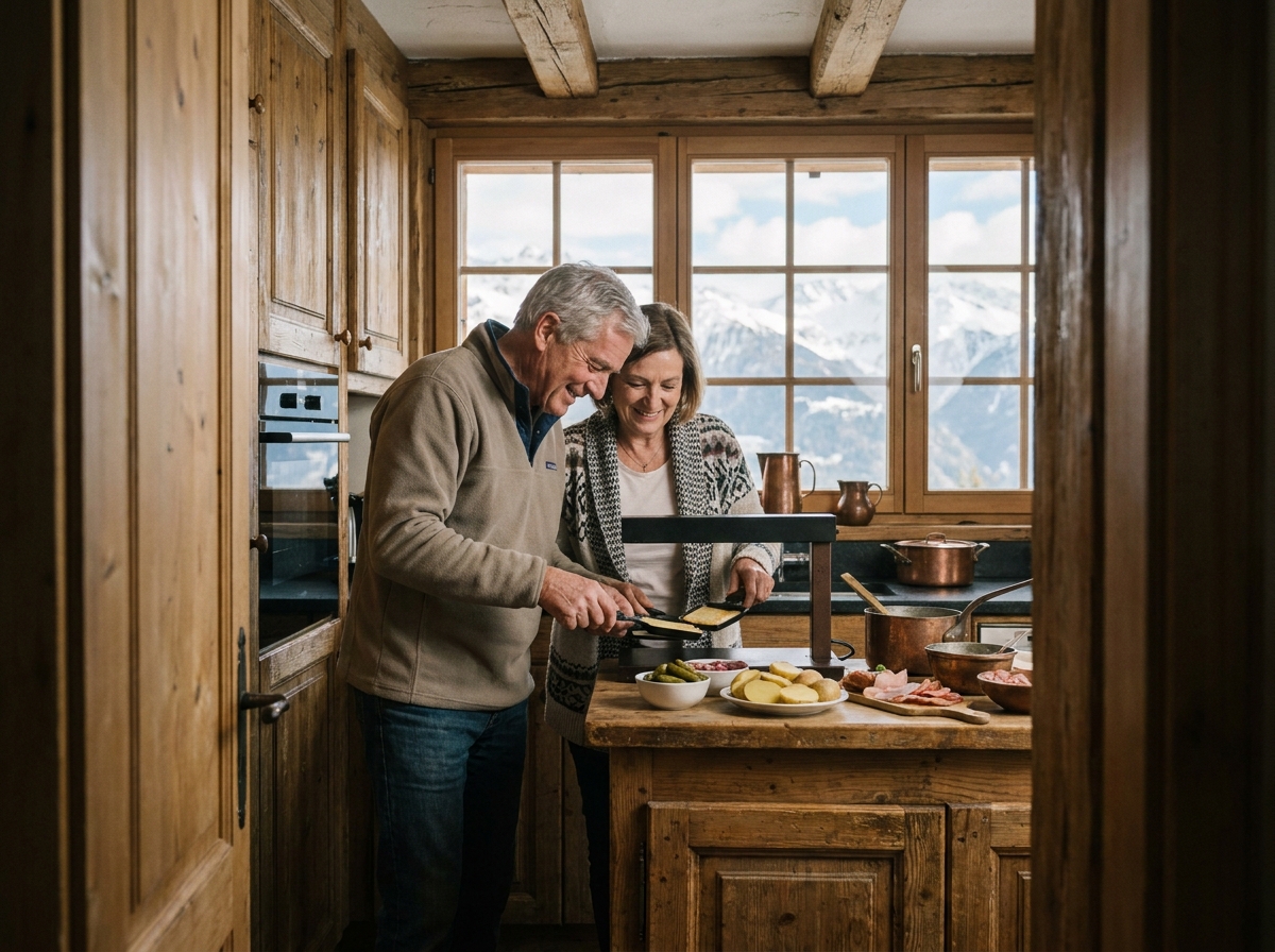 Couple cuisine raclette chalet bois montagne vacances ski traditionnel