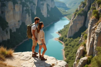 Jeune couple en tenue de randonnée sur une falaise granitique surplombant les gorges de l'Ardèche avec rivière turquoise