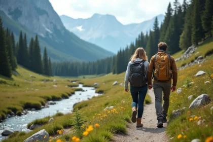 Couple randonneur découvrant une vallée de montagne préservée avec prairies sauvages et pics rocheux en arrière-plan