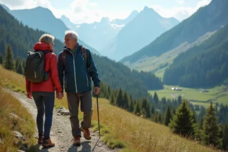 Couple de randonneurs adultes admirant une vallée de montagne préservée depuis un sentier panoramique en haute altitude