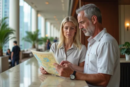 Couple français consultent une carte à la réception d'un hôtel de Dubaï, expression perplexe, intérieur luxueux moderne