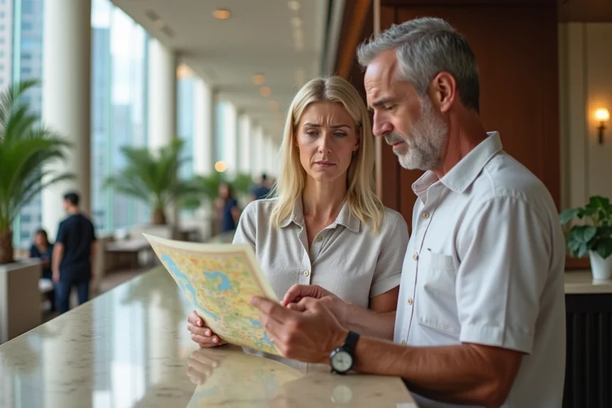 Couple français consultent une carte à la réception d'un hôtel de Dubaï, expression perplexe, intérieur luxueux moderne
