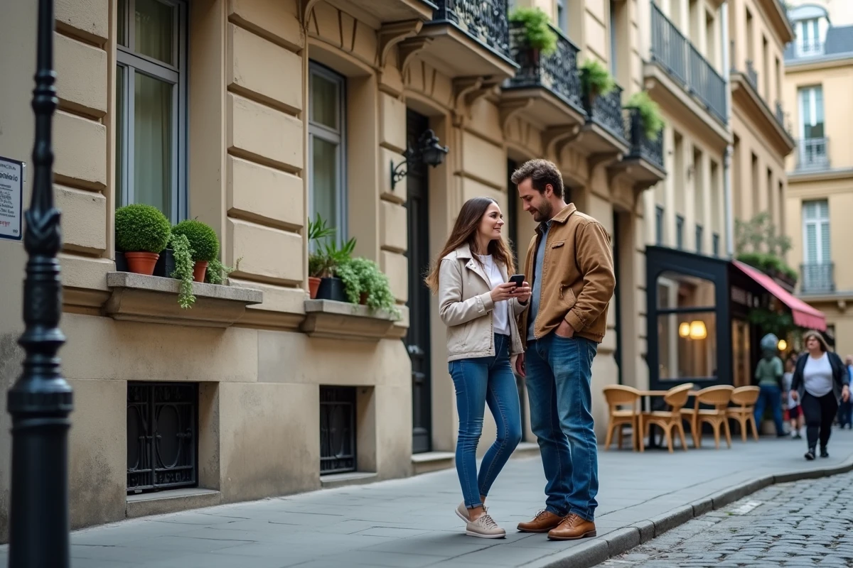 Couple évaluant un immeuble résidentiel parisien pour un investissement locatif