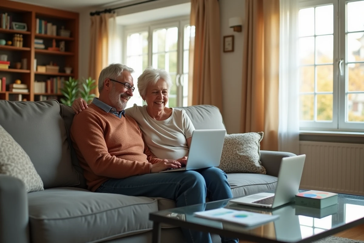 couple retraité discutant economie retraite et assurance vie sur ordinateur dans salon