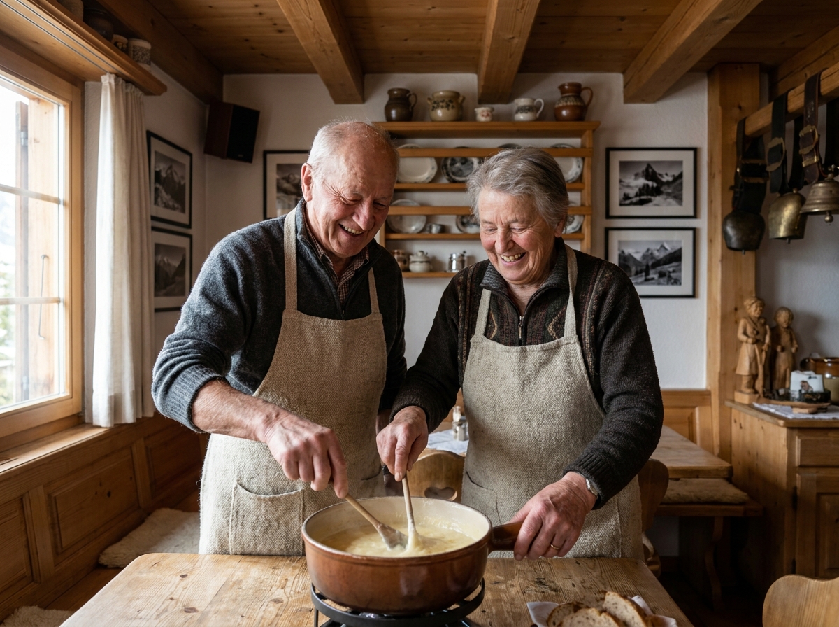 Couple senior préparant une fondue savoyarde authentique dans salle à manger de chalet avec poutres bois et décor alpin traditionnel