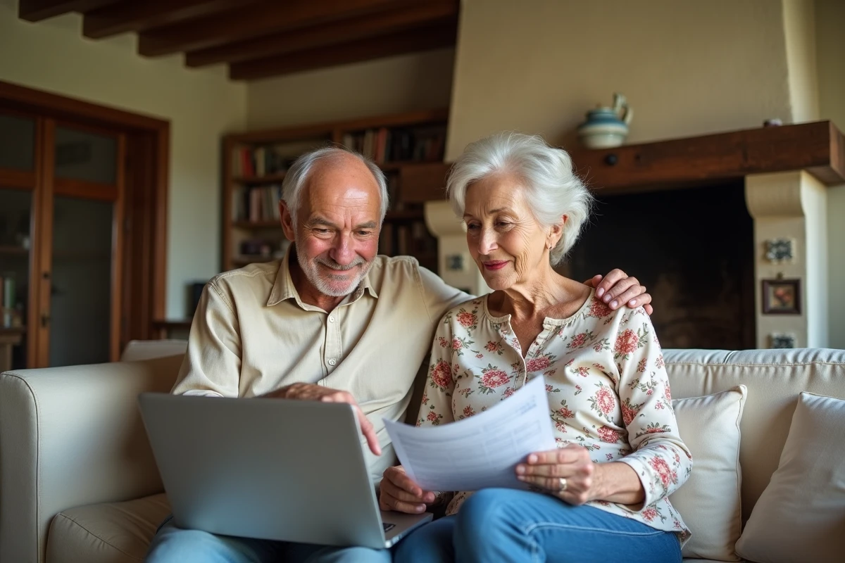 Couple de seniors consultant le site gouvernemental pour leur dossier prime rénov à domicile