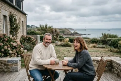 Couple souriant dégustant un café sur la terrasse à Saint-Malo