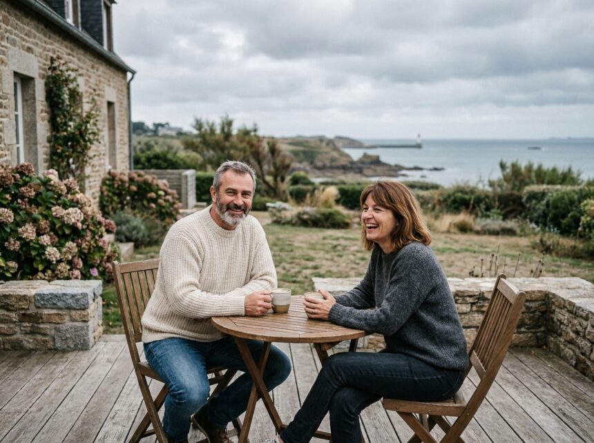Couple souriant dégustant un café sur la terrasse à Saint-Malo