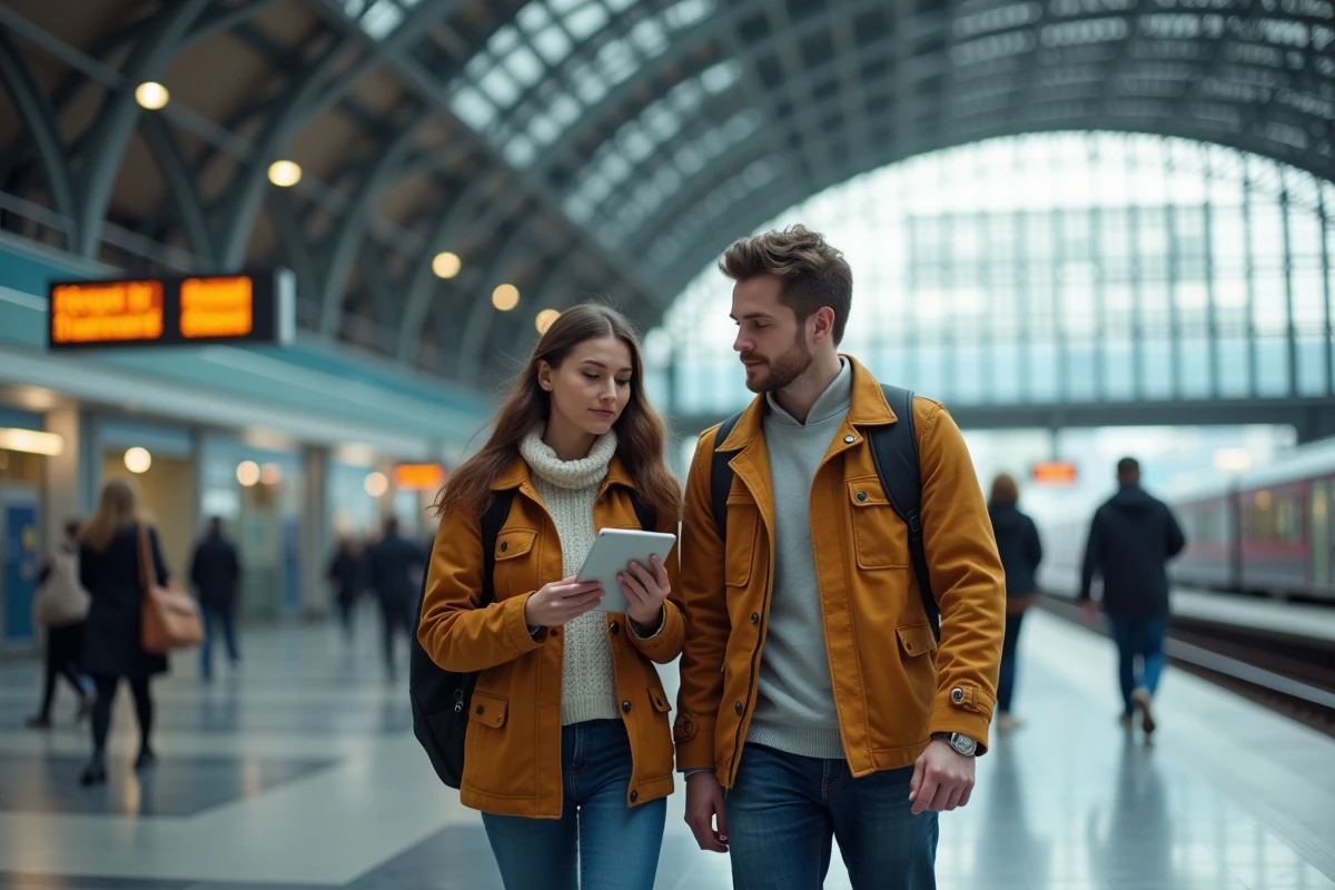couple de voyageurs utilisant une tablette tactile pour consulter les horaires de trains et planifier leur déplacement