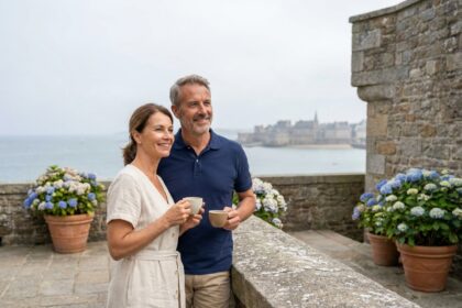 Couple d'âge moyen profitant du café sur la terrasse de leur maison familiale à Saint-Malo, vue mer en arrière-plan