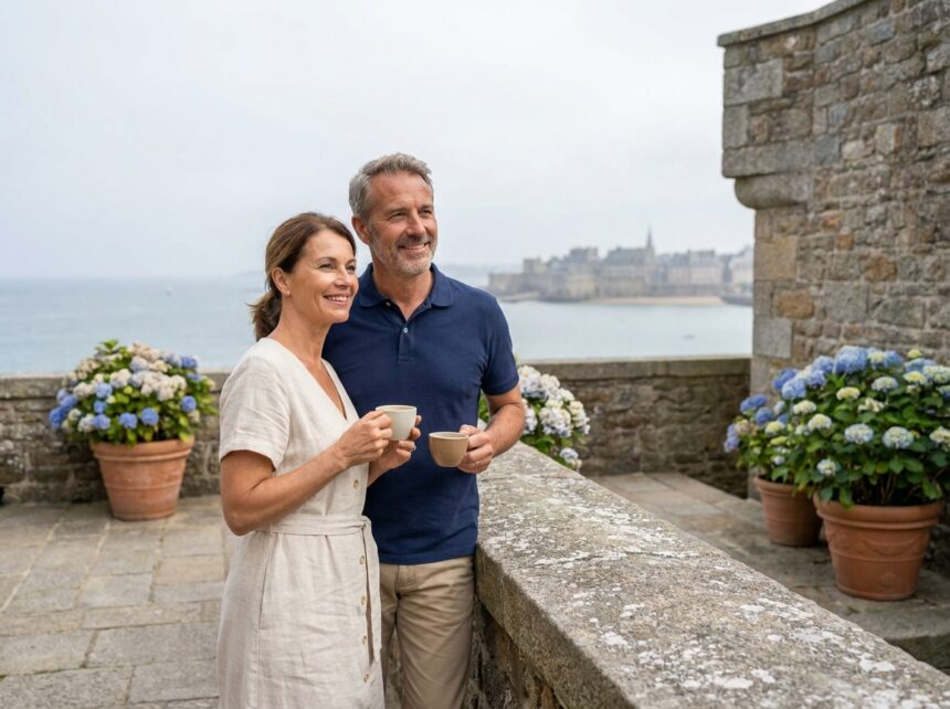 Couple d'âge moyen profitant du café sur la terrasse de leur maison familiale à Saint-Malo, vue mer en arrière-plan