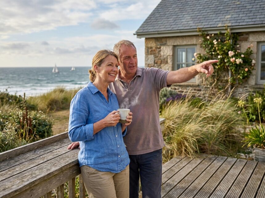 Couple d'âge moyen sur la terrasse d'une maison familiale bretonne avec vue sur la mer à Saint-Malo