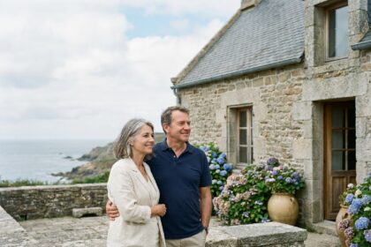 Couple d'âge moyen observant la vue sur la côte bretonne depuis la terrasse en pierre de leur maison familiale à Saint-Malo