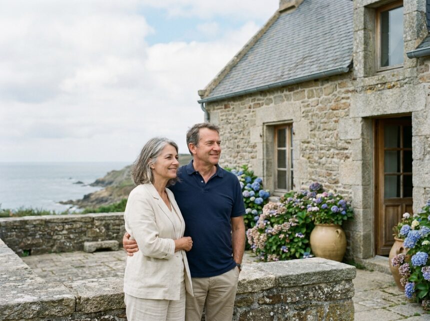 Couple d'âge moyen observant la vue sur la côte bretonne depuis la terrasse en pierre de leur maison familiale à Saint-Malo