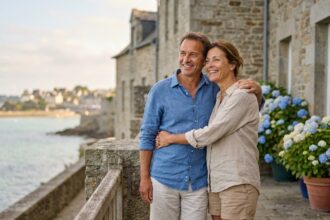 Couple d'âge moyen embrassé sur la terrasse d'une maison en pierre à Saint-Malo avec vue sur la mer, incarnant la détente des week-ends en famille en bord de mer