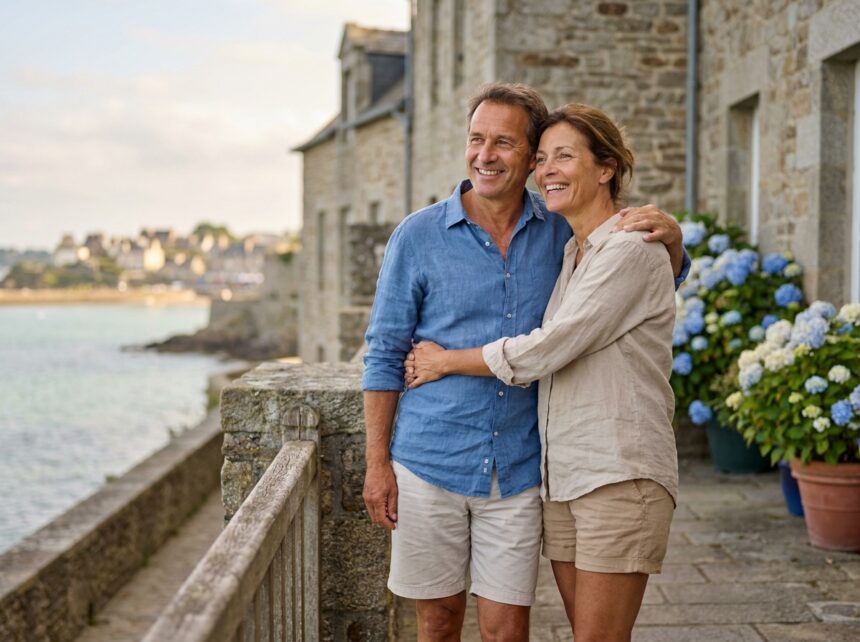 Couple d'âge moyen embrassé sur la terrasse d'une maison en pierre à Saint-Malo avec vue sur la mer, incarnant la détente des week-ends en famille en bord de mer