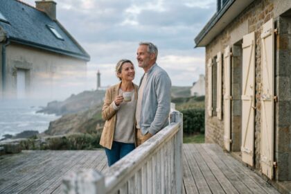 Couple d'âge moyen admirant la vue sur la côte depuis la terrasse en bois de leur maison familiale à Saint-Malo, regard serein tourné vers la mer
