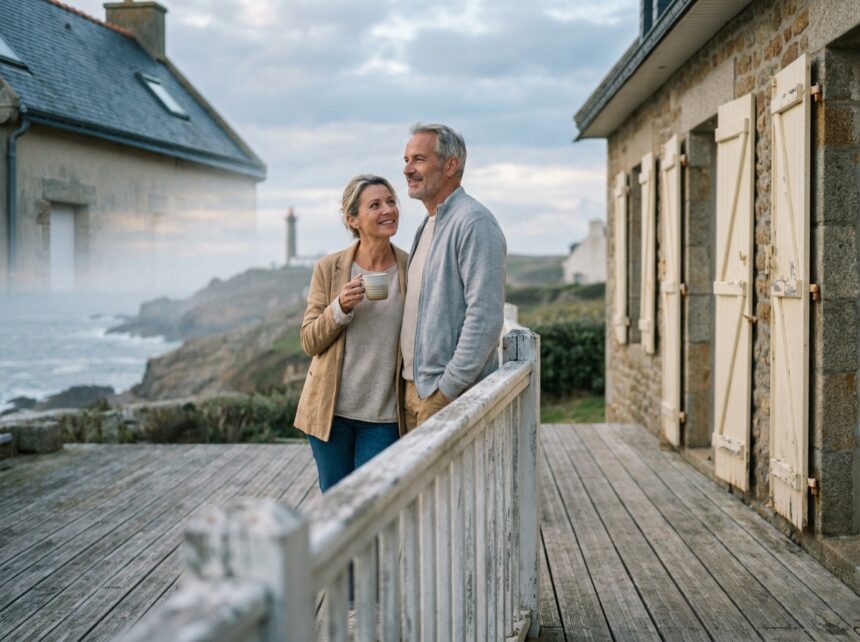 Couple d'âge moyen admirant la vue sur la côte depuis la terrasse en bois de leur maison familiale à Saint-Malo, regard serein tourné vers la mer