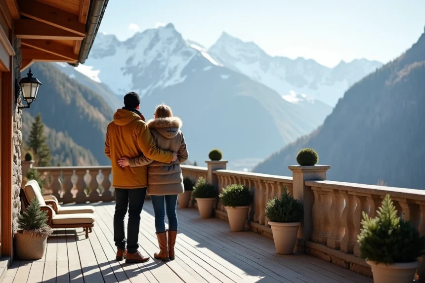 Couple distingué admirant la vue depuis une terrasse haut de gamme face aux Alpes enneigées dans une station de luxe