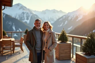 Couple élégant appréciant une vue panoramique depuis une terrasse haut de gamme d'une station de montagne, avec mobilier de prestige et paysage alpin enneigé
