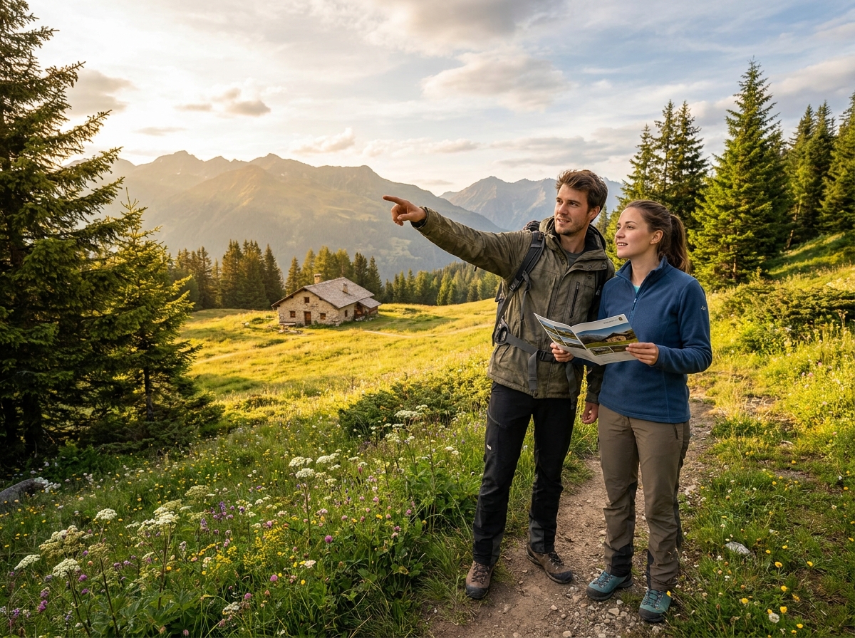Jeune couple montagne visite chalet agence propriété paysage alpes decision achat location