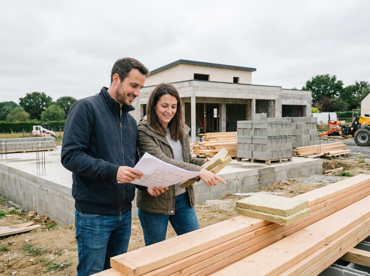 Jeune couple visitant un chantier de construction de maison moderne à Saint-Grégoire, examinant les matériaux de construction économiques