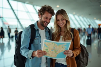 Jeune couple souriant à l'aéroport avec carte de Dubai