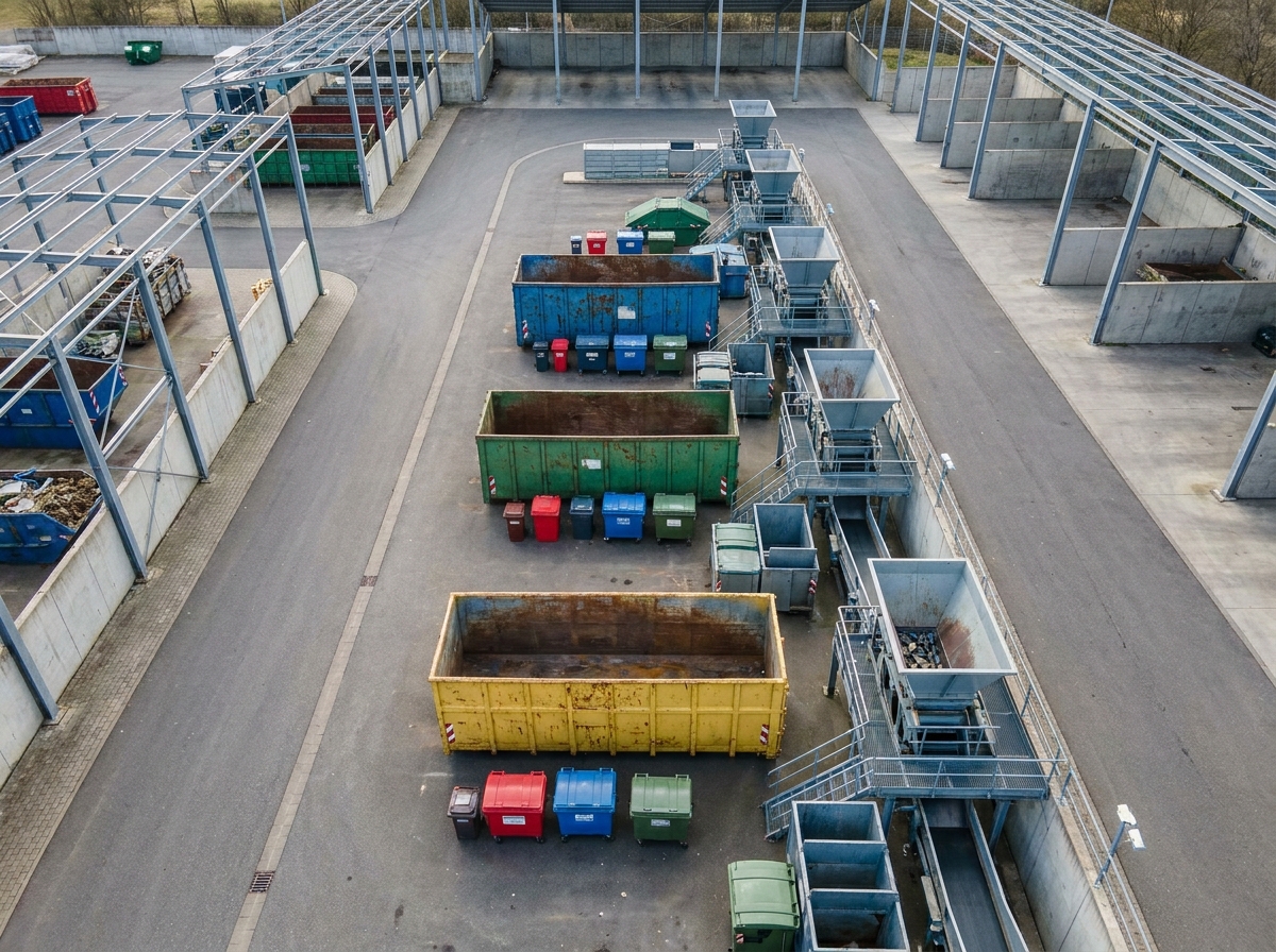 Vue aérienne d'une cour de gestion des déchets industriels avec bennes spécialisées organisées et bacs de tri colorés sur sol bétonnié