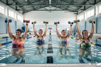 Groupe de femmes adultes participant à un cours d'aquagym dans une piscine couverte à Lyon, tenant des haltères en mousse dans l'eau