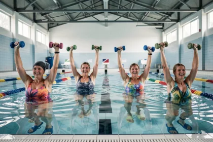 Groupe de femmes adultes participant à un cours d'aquagym dans une piscine couverte à Lyon, tenant des haltères en mousse dans l'eau