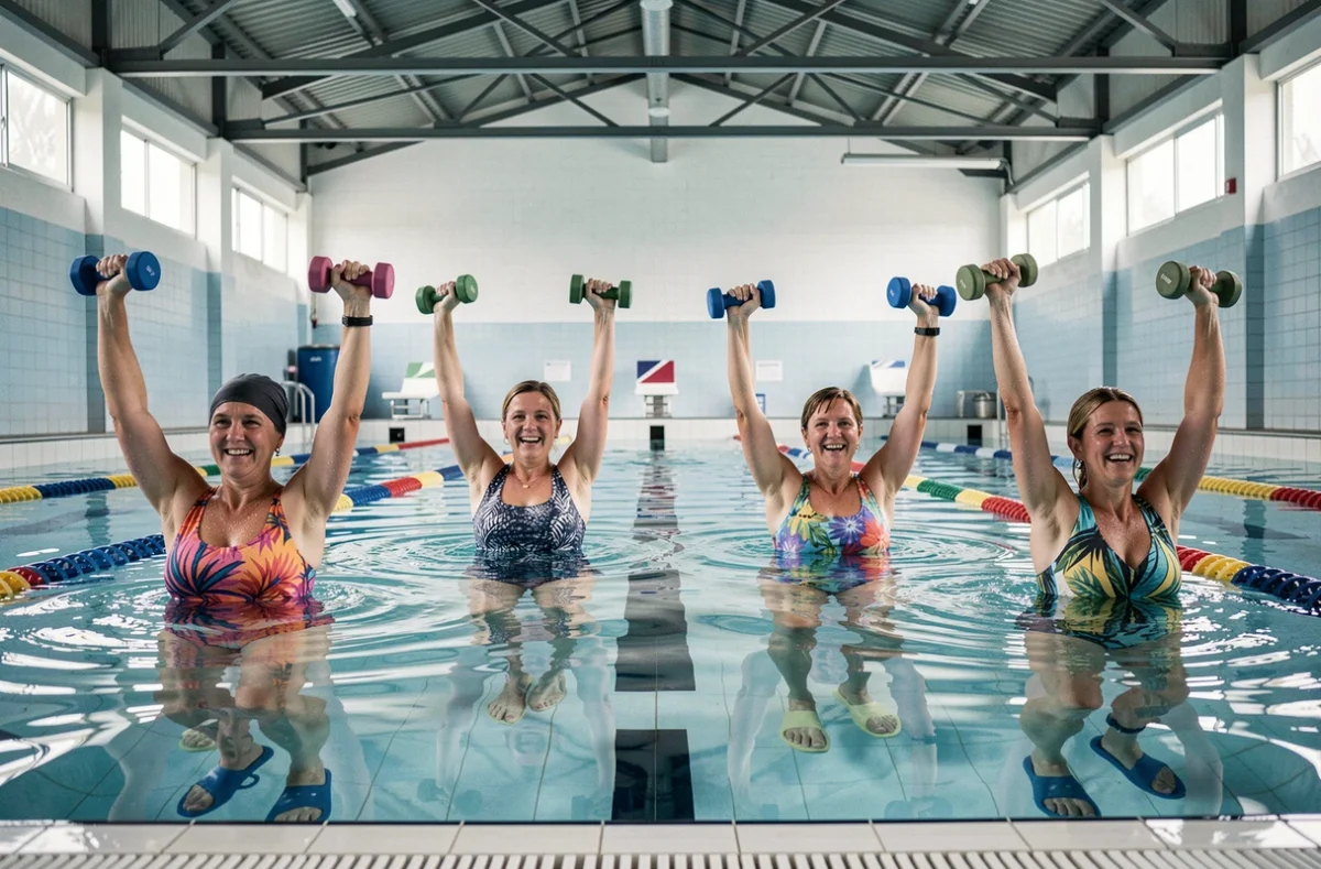 Groupe de femmes adultes participant à un cours d'aquagym dans une piscine couverte à Lyon, tenant des haltères en mousse dans l'eau