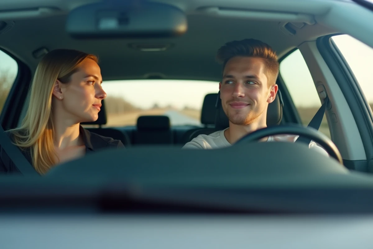 Jeune conducteur en cours de conduite accélérée avec instructeur professionnel dans véhicule école