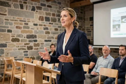 Femme donnant un discours lors d'un cours de prise de parole en public en Bretagne
