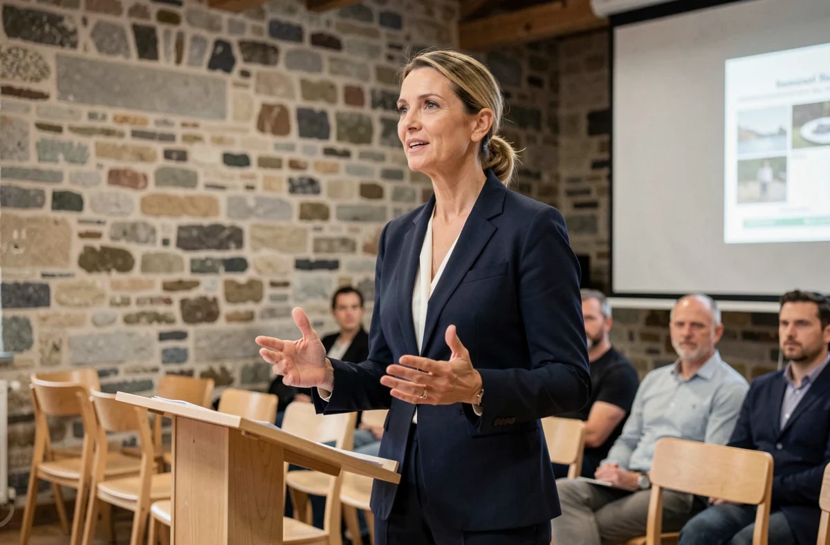 Femme donnant un discours lors d'un cours de prise de parole en public en Bretagne