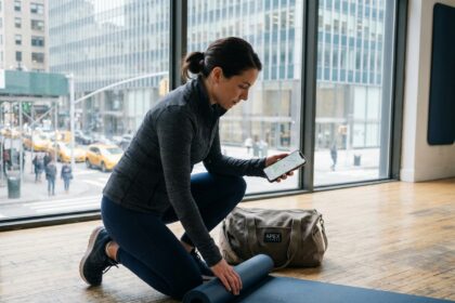 Femme en tenue de sport consultant son téléphone dans une salle de fitness urbaine proche de son bureau, illustrant le choix entre cours près du travail ou près de chez soi