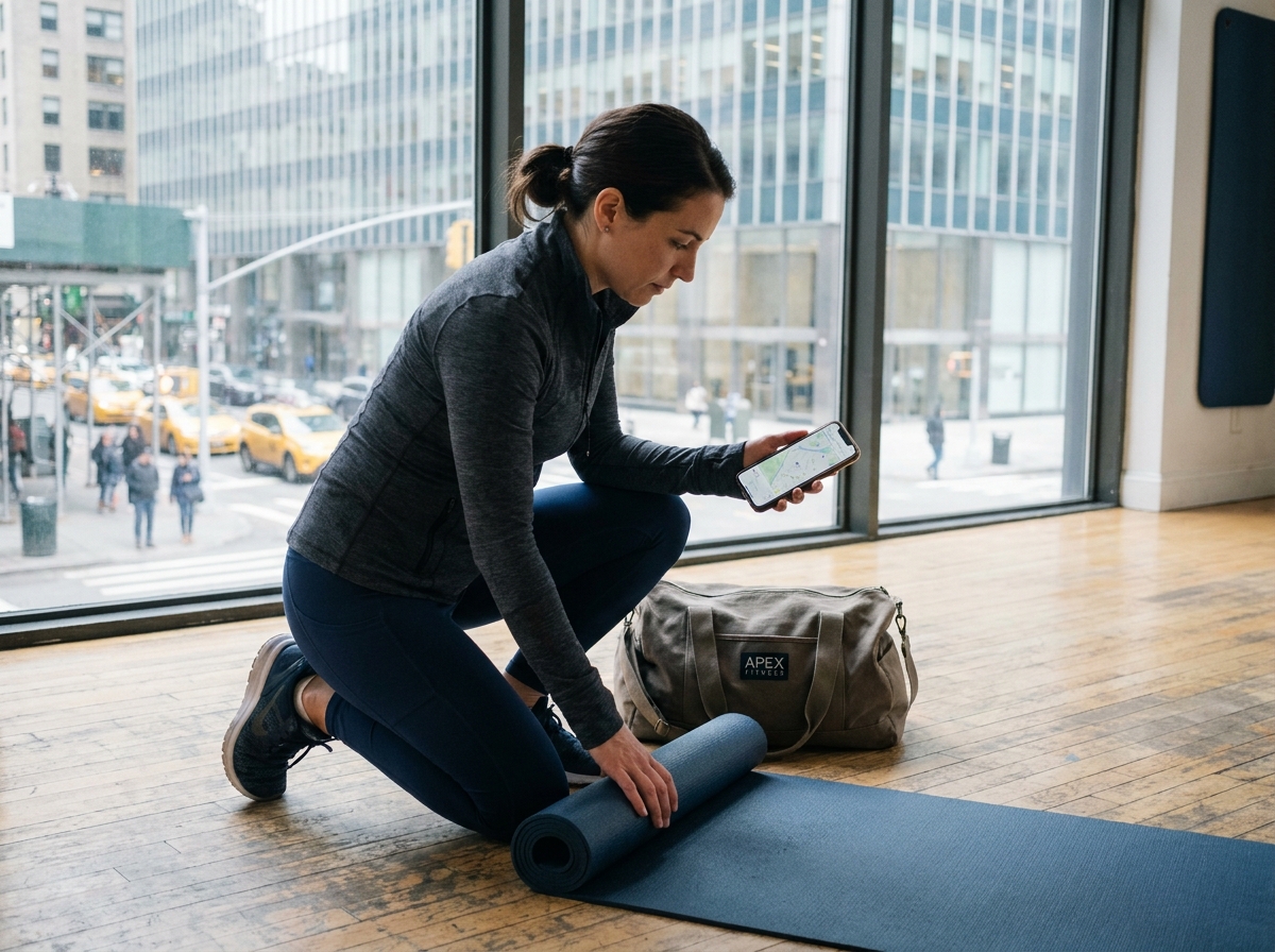Femme en tenue de sport consultant son téléphone dans une salle de fitness urbaine proche de son bureau, illustrant le choix entre cours près du travail ou près de chez soi